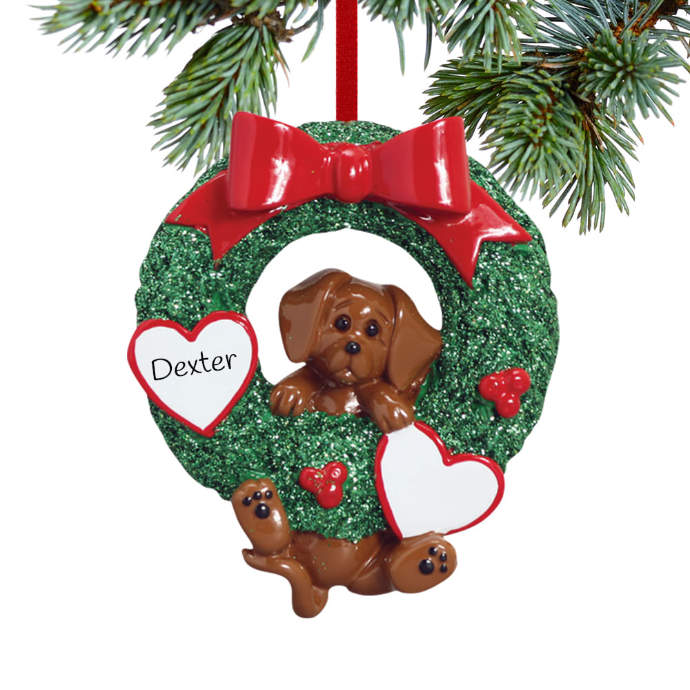 Noelyn dog wreath brown dog ornament front view, Brown Dog