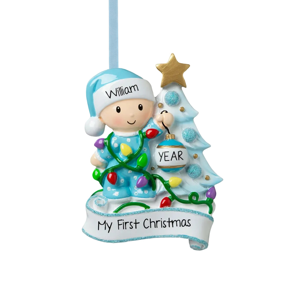 Noelyn personalized baby's first Christmas ornament in blue front view