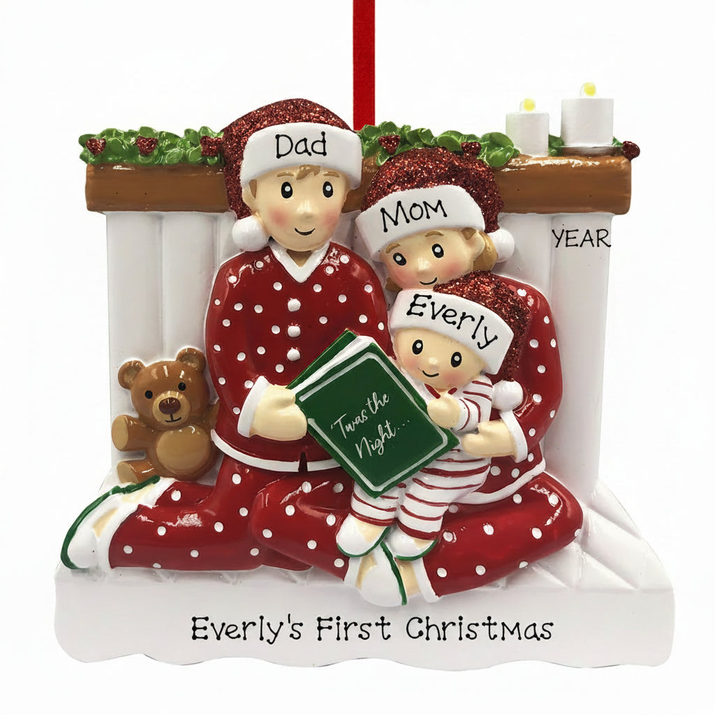Noelyn personalized family reading in bed ornament with 3 names front view