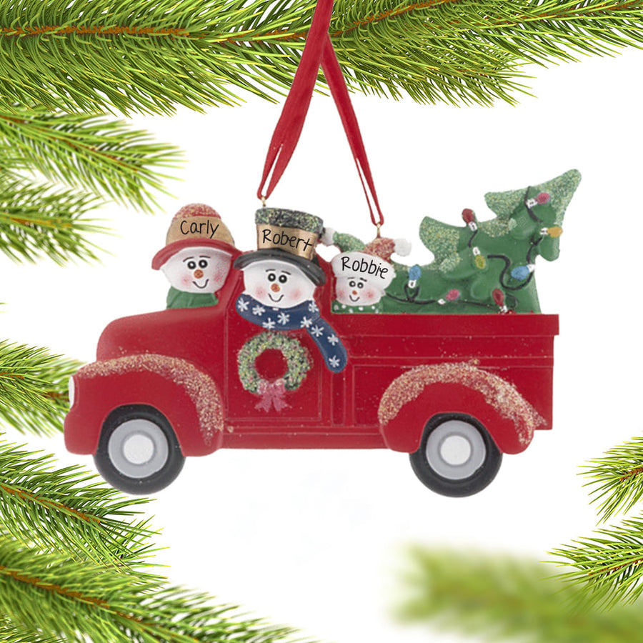 Noelyn vintage red truck family ornament front view, 3 Family Members