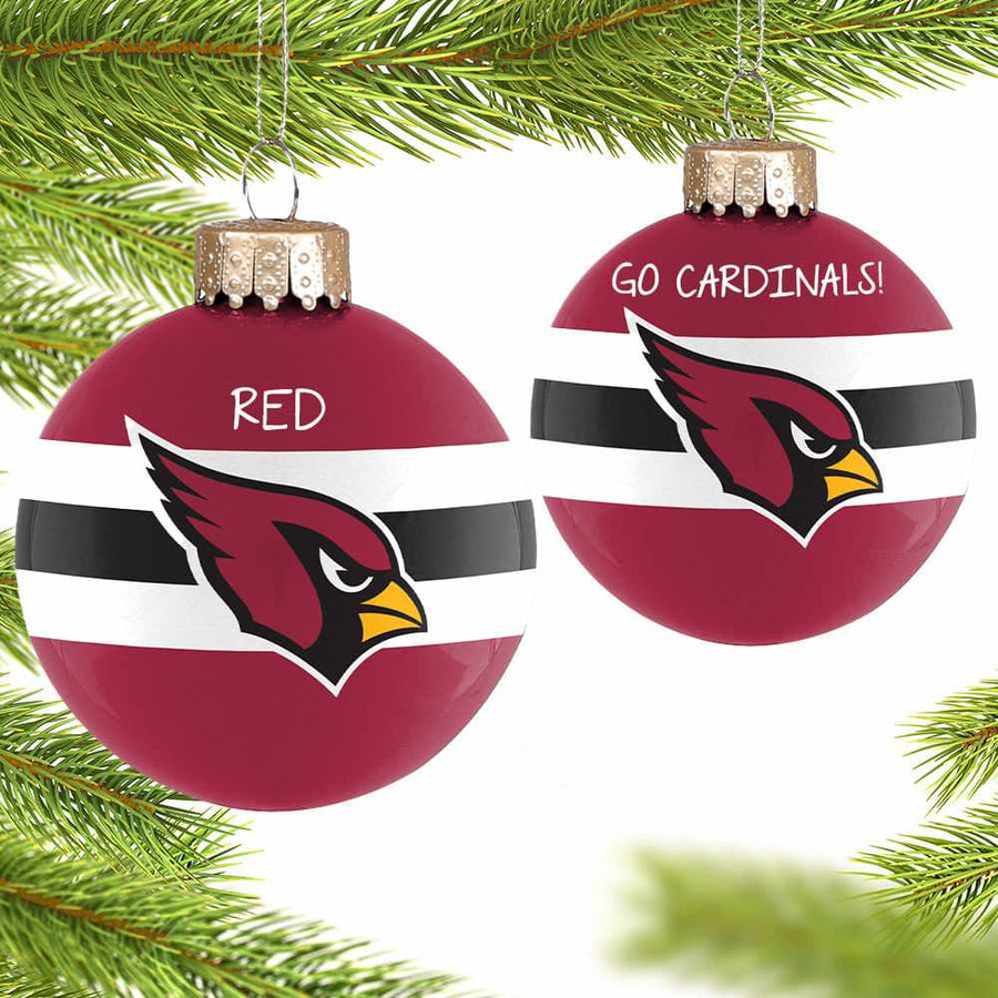 Noelyn nfl striped personalized glass ornament front view, Arizona Cardinals