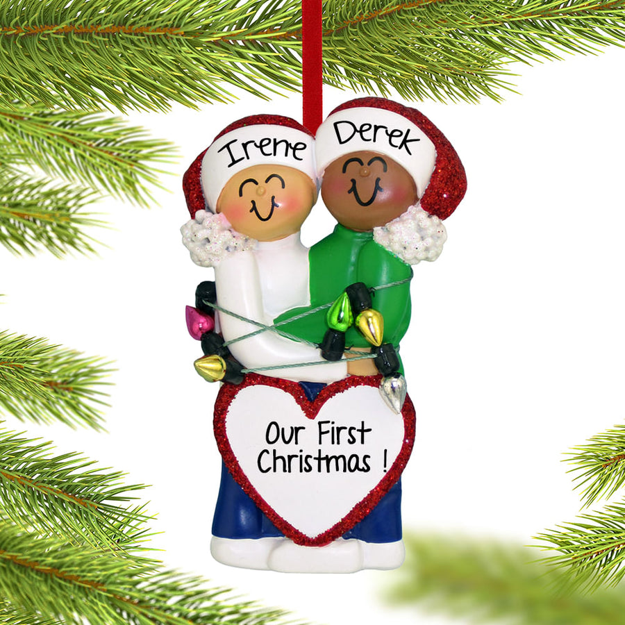 Noelyn mixed race christmas couple ornament front view, Female Blonde & Male Ethnic