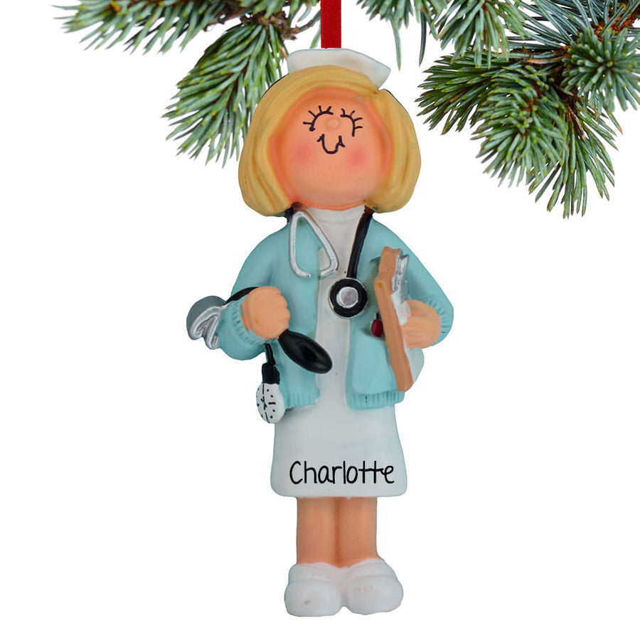 Noelyn nurse ornament front view, Female / Blonde