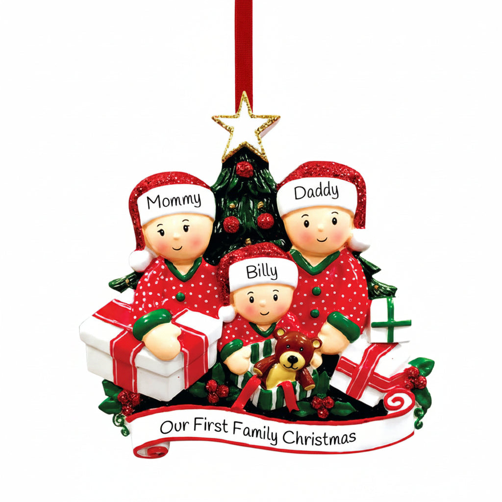 Noelyn family in red bed ornament front view, 3 Names