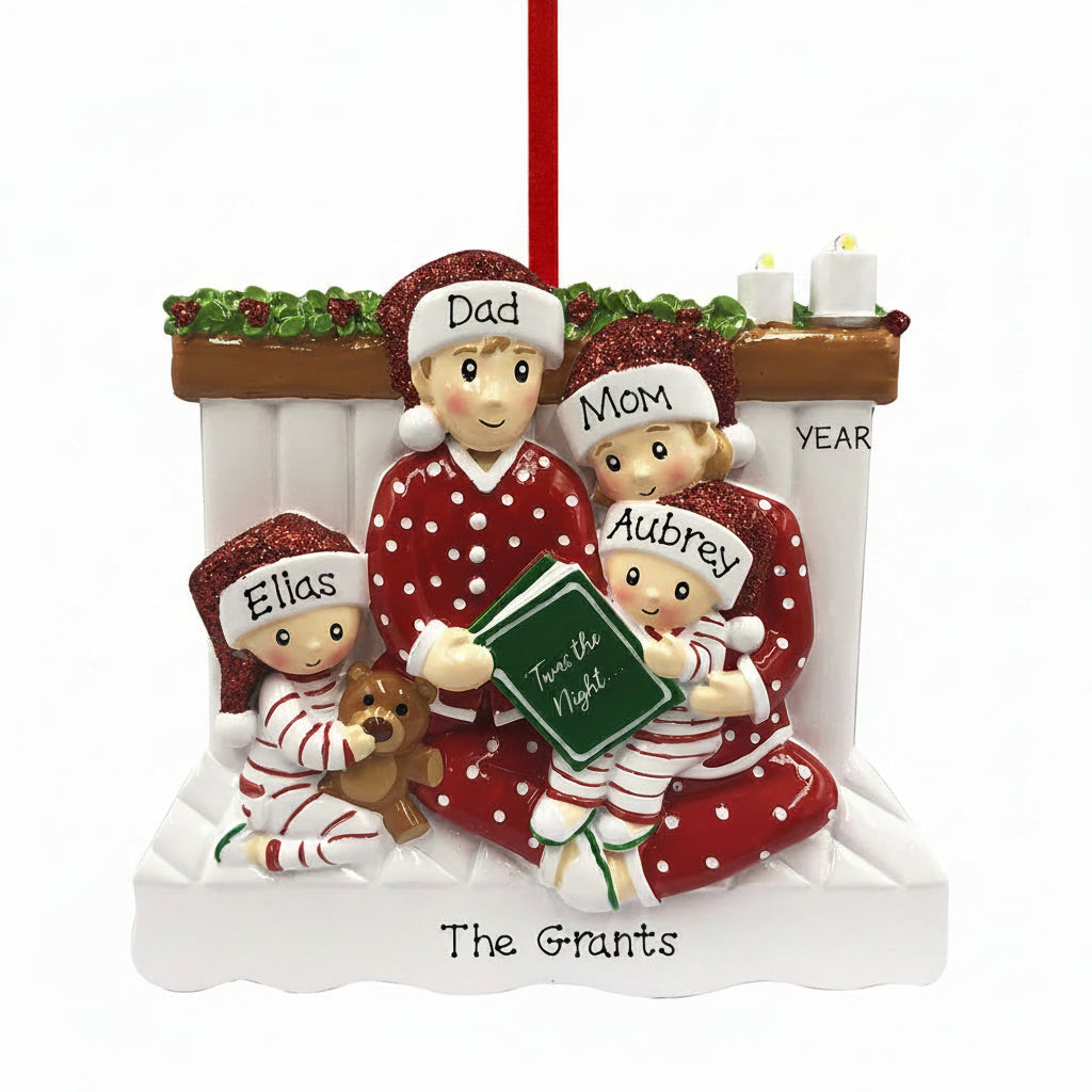 Family reading in bed ornament with 4 names