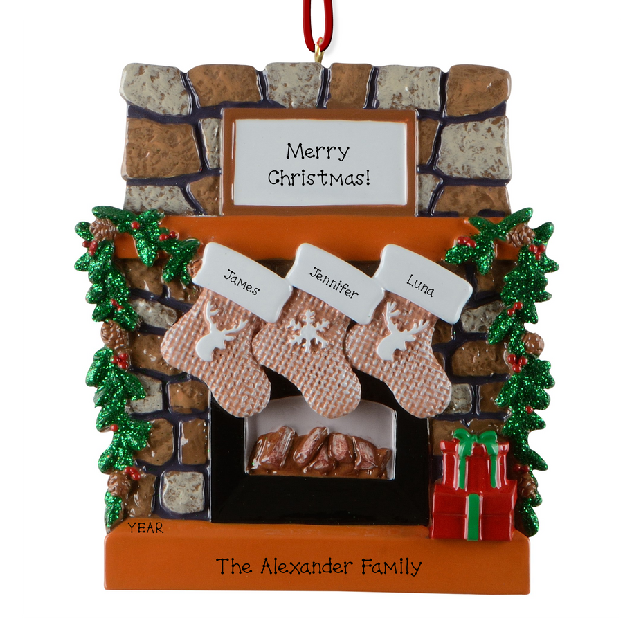 Noelyn family fireplace stocking ornament front view, 3 Names