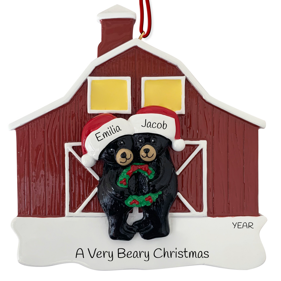 Noelyn bear family barn ornament front view, 2 Names