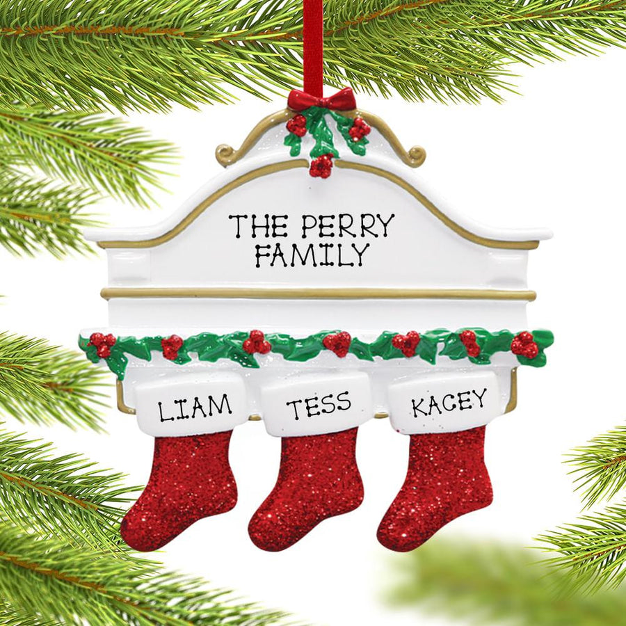 Noelyn stockings hanging from mantel 3 ornament front view, Family of 3